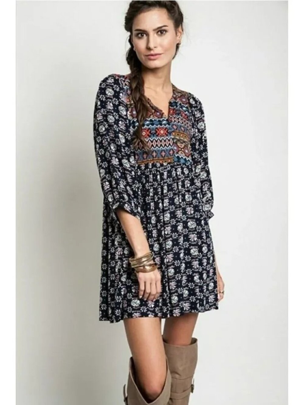 Umgee Mixed Media 3/4 Sleeve Aztec Floral Babydoll Tunic Dress Navy XL